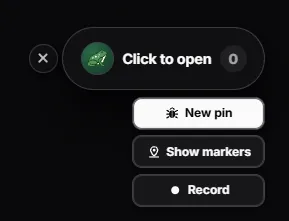 The Toado pin control open on a page with New pin, Show markers, and Record buttons