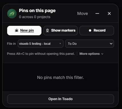 The Toado pin control panel listing open tickets pinned to the current page
