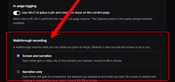 Extension settings showing the walkthrough recording choice between screen and narration or narration only
