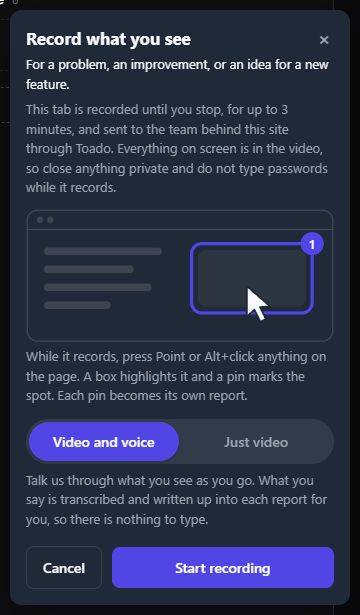 Live visitor recording screen offering Video and voice or Just video, with a review and sending workflow