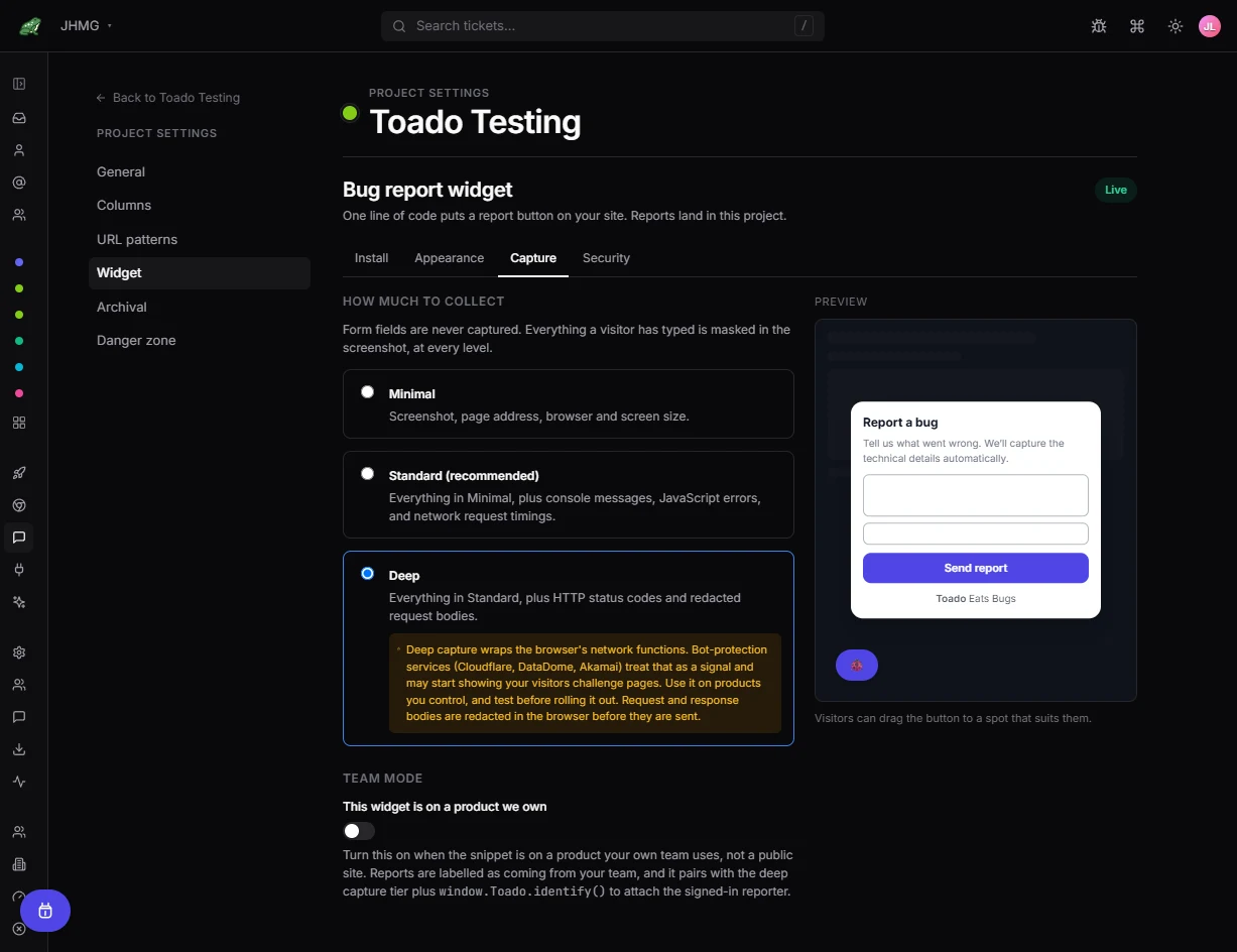 Widget capture settings showing minimal, standard, and deep evidence collection levels