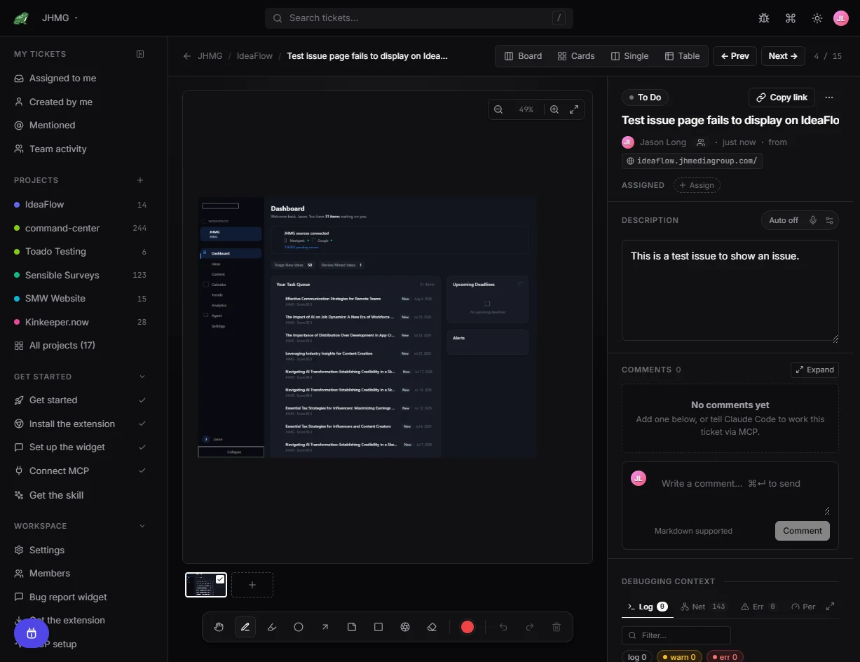 A widget-created Toado ticket with the submitted description, page screenshot, and debugging context