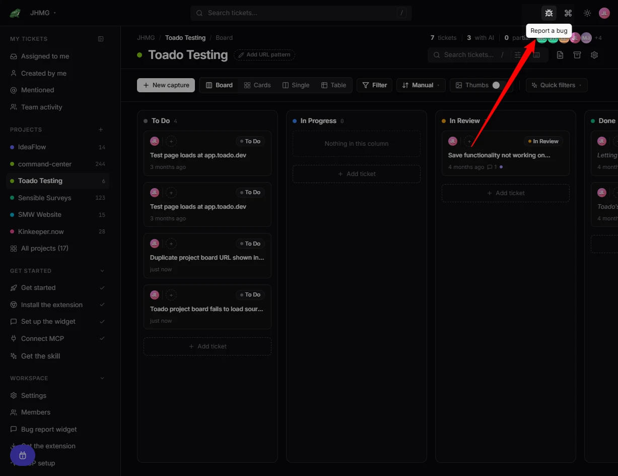 Toado project board with the report a bug launcher highlighted in the toolbar