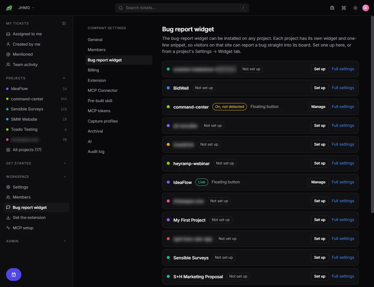 Company widget overview listing projects with setup and live installation statuses