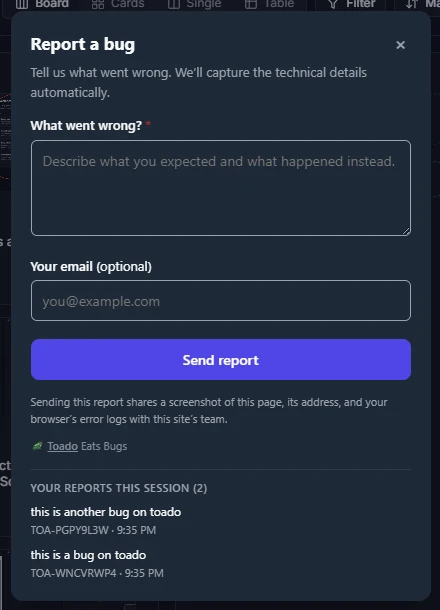 Toado bug report dialog with description, email, session history, and send report controls
