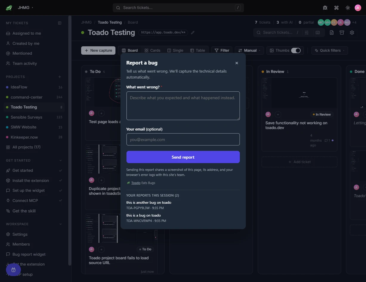 Bug report dialog showing a previous report from the current visitor session while another report is being written